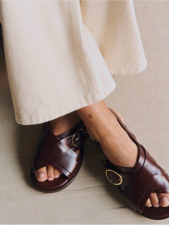 Sezane Shoes - Sézane Low Blandine Chocolate Leather Cross-Strap Sandals with Gold Buckle